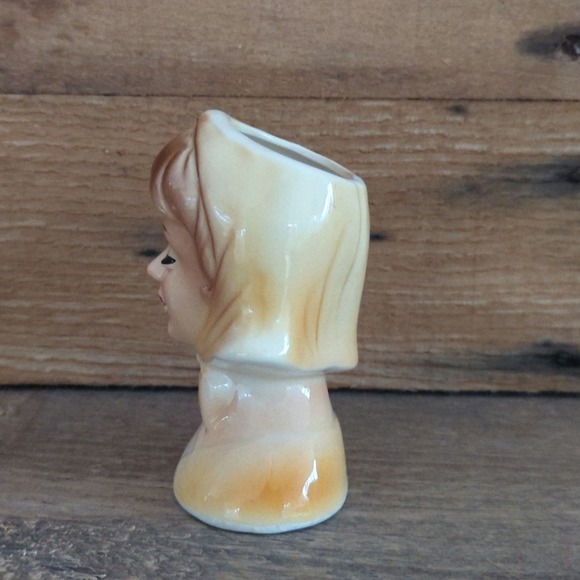 Vtg 3.75" Mini Lady Head Vase Mustard Yellow Hooded Scarf Japan Matching Dress - Picture 4 of 11